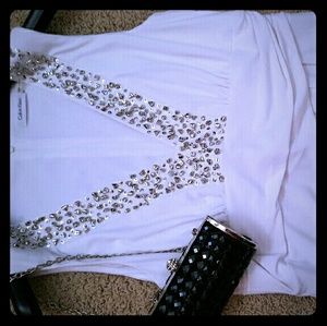 White  V-neck dress:silver & diamond embellishment