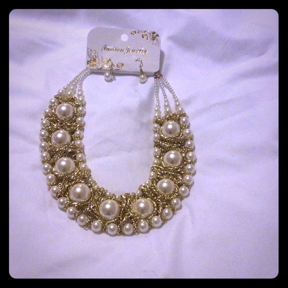 Pearl and gold chain necklace and earring set