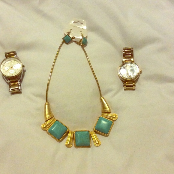 Necklace and earring set/ turquoise and gold