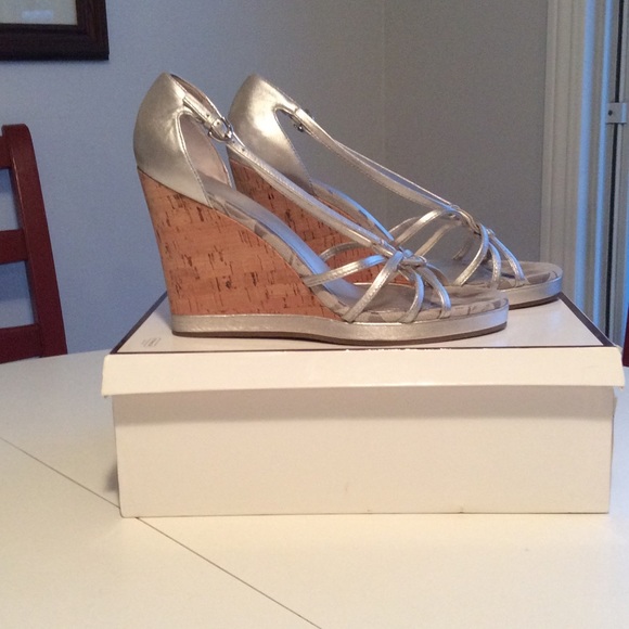 Coach Shoes - JUST REDUCED!! Coach Joslin Silver Metallic Wedge