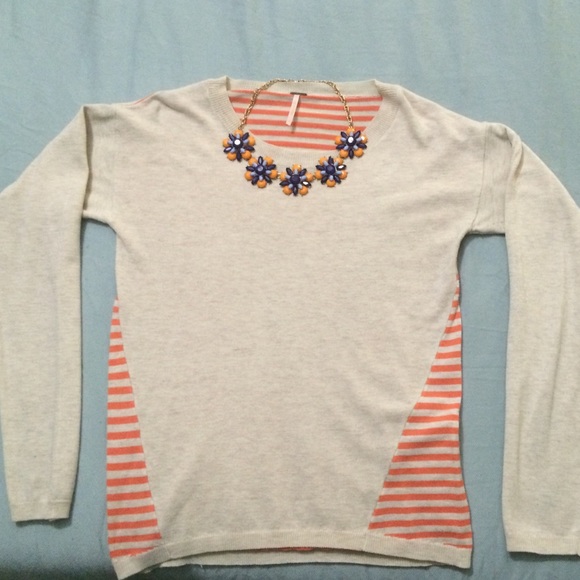 Light khaki/tan with orange striped sweater