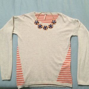 Light khaki/tan with orange striped sweater