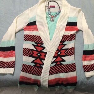 Mint, coral, black, and white cardigan