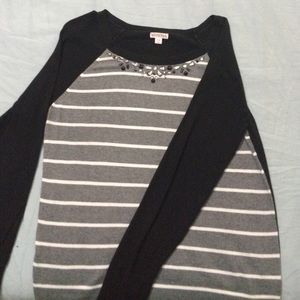 Grey,white,and black striped Ragland style sweater