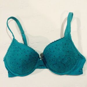 Turquoise Embroidered & Sequined Push-up Bra