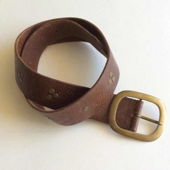 Embossed Brown Leather Belt with Gold Stud Details