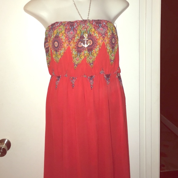 Breathtaking coral color strapless sundress