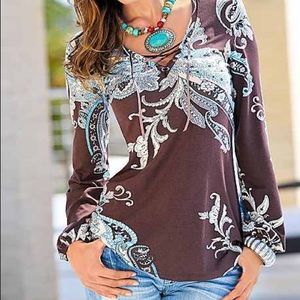 Brown and blue paisley print top