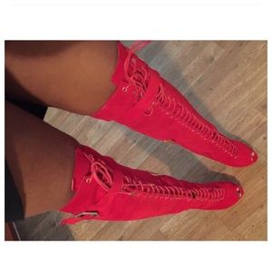 Red knee high boots