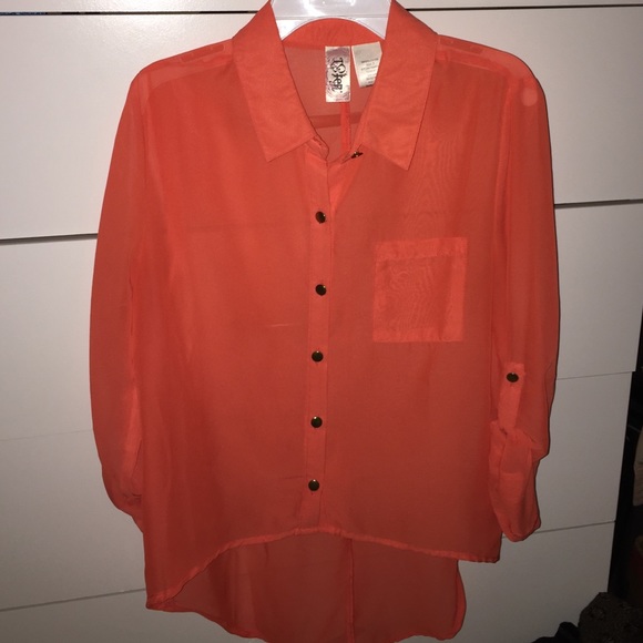 Orange sheer high low button down top - Picture 1 of 1