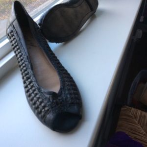 Black leather 7 1/2 peep toe flats