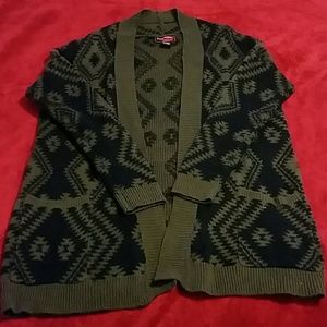 Navy and gray print open front cardigan