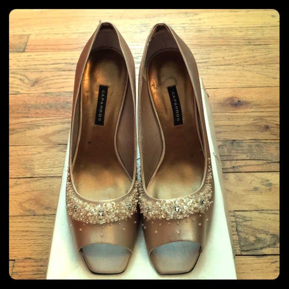 Never worn beaded caparros peep toes champagne
