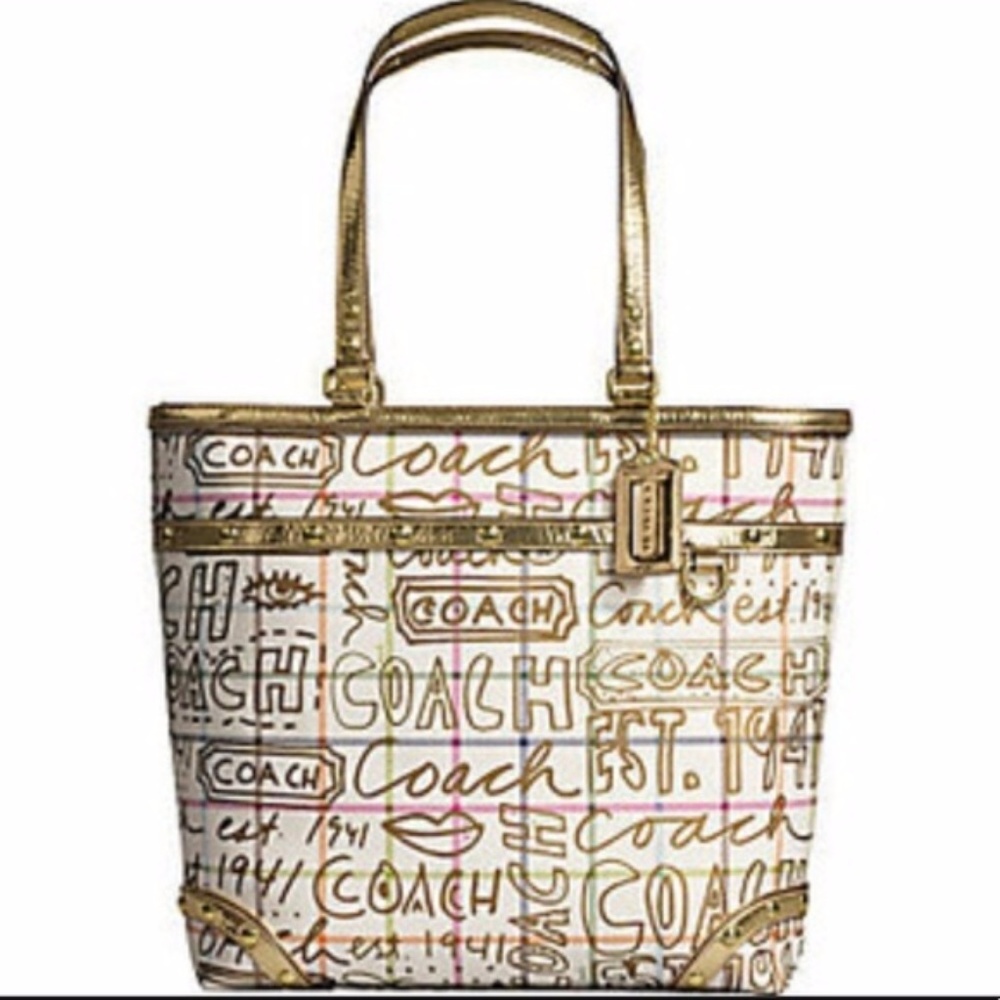 RARE Coach Tattersall Gold Metallic Graffiti Tote