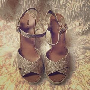 Nine West gold glitter wedges.