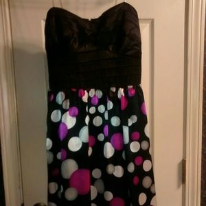 Dress black with purple, gray and white dots