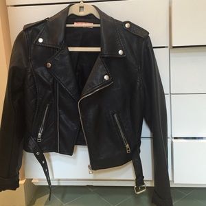 Black vegan leather moto jacket w/ quilted sides