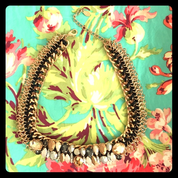 Chunk Gem Gold Platted and Black Lace Necklace