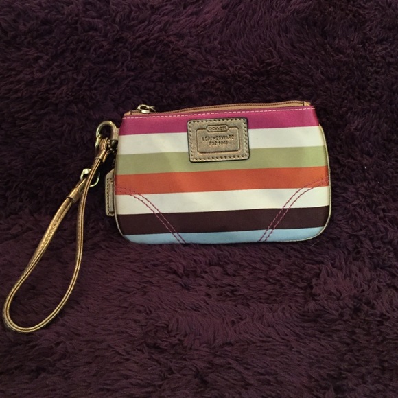 Coach satin stripped wristlet with gold trim - Picture 1 of 1