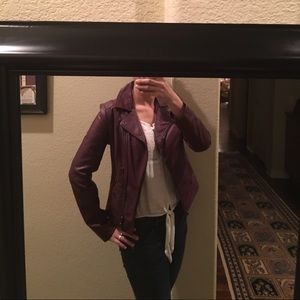 Bordeaux colored Moto inspired faux leather jacket