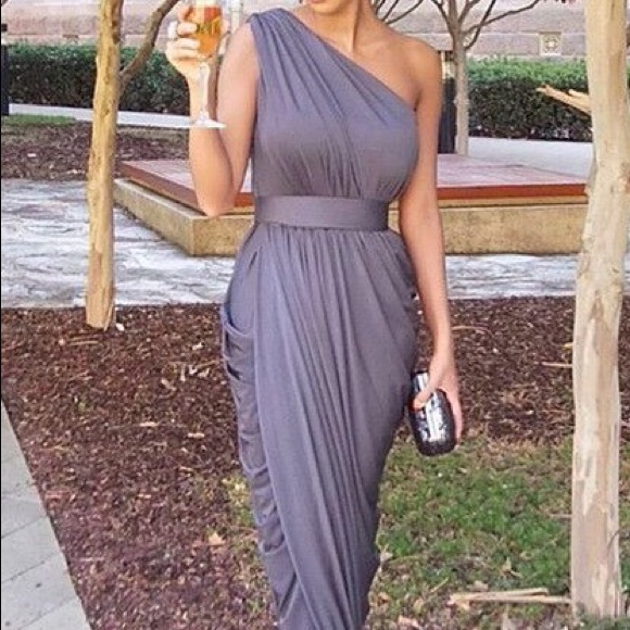 Gray Chiffon One Shoulder Long Dress with Ruffle