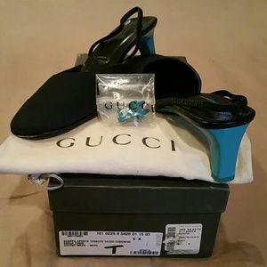 Gucci Black Fabric & Turquoise Heels/Mules. 9B