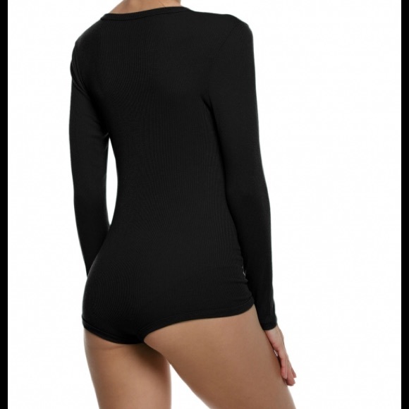 Last 1* Black Long Sleeve Rib Shorts Pajama Romper - Picture 2 of 4