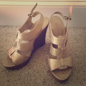 Soft gold leather wedges