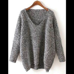 V Neck Chunky Knit Grey Dolman Sweater