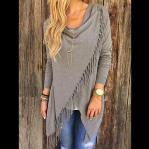 Draped Neck Button Tassel Grey Coat