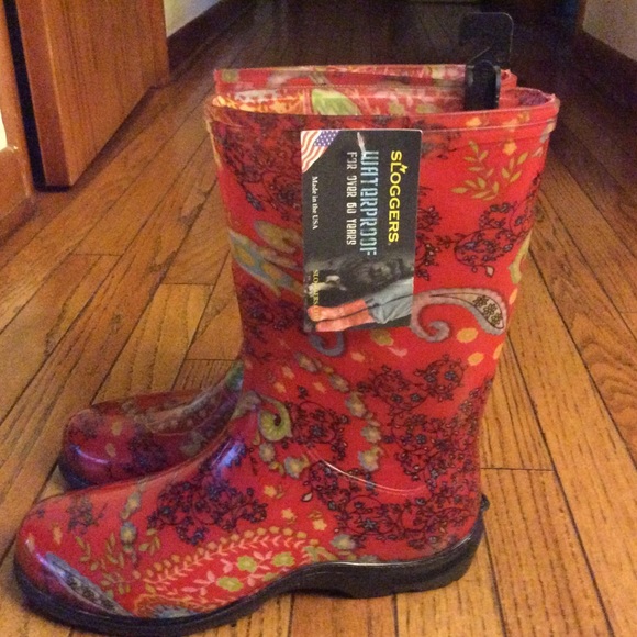 NWT Sloggers Red Paisley Rainboots