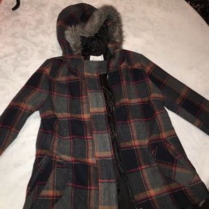Plaid Jacket With Fur Hoodie M