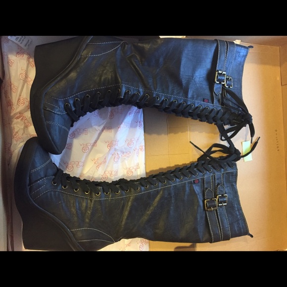 Black Combat Wedge Boots