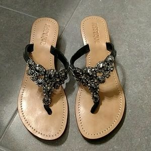 Mystique low wedge jeweled sandal.
