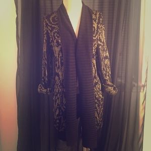 Long cardi-wrap with sparkly gold threaded print!