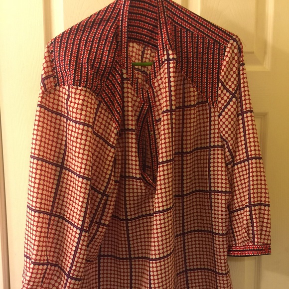 Navy and red button/snap up blouse