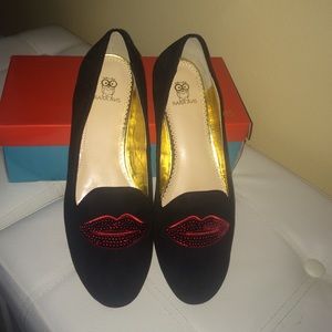 Black suede loafer with red sequin lips!