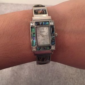 Silver and shell square wrap/snap watch
