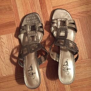 Platinum // gold Life Stride heeled sandal