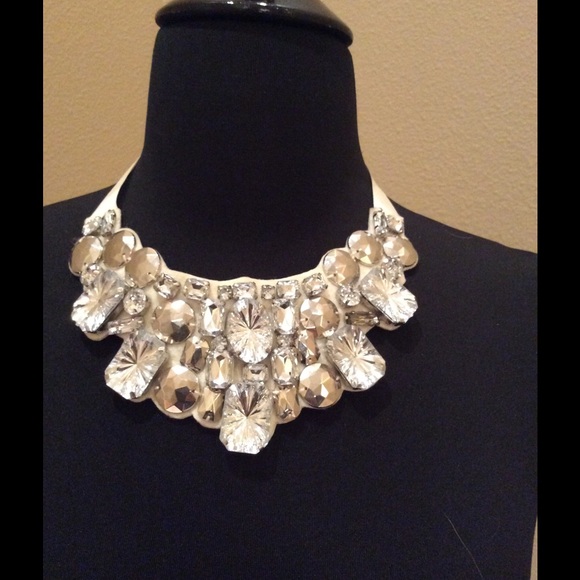 White Ribbon Clear Gem Statement Necklace