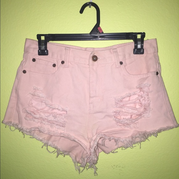 Pink High-Waisted Distressed Denim Shorts