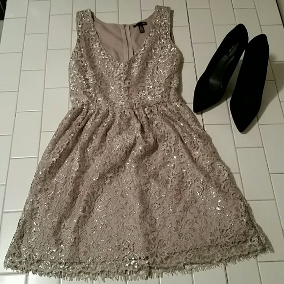 NWOT Adorable taupe and silver lace boutique dress