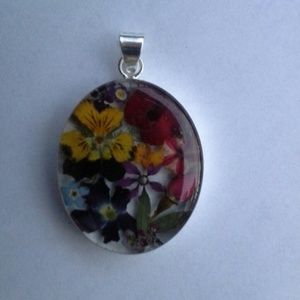 Oval Dried Flower Sterling Silver Pendant