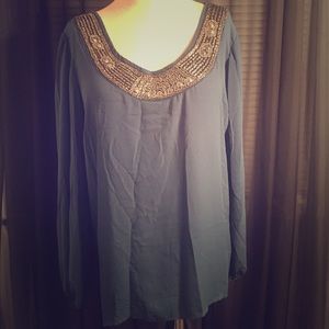 Dark teal blouse w/ a silver embellished neckline!