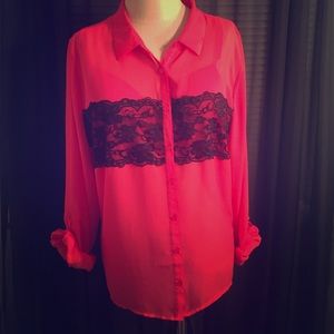 Chiffon button up top in hot pink w/ black lace!