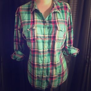 Flannel button up with pink, green & blue! 💚💙💗