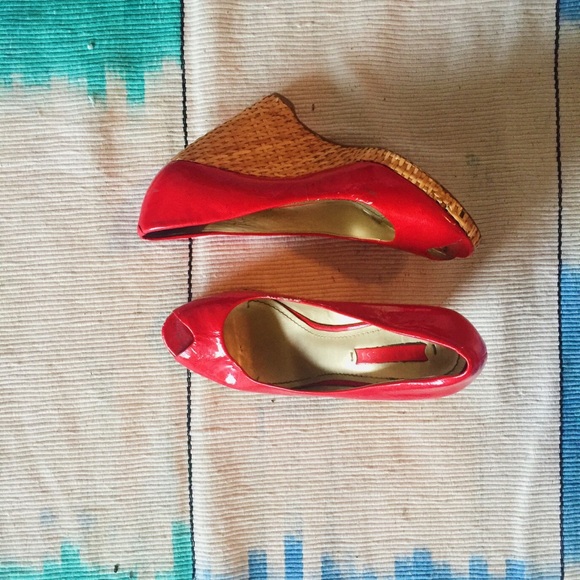 Red Nine West Wedges with Woven Basket Heels