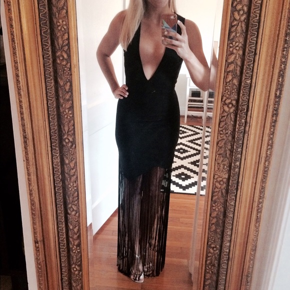 Missguided Black Plunging Fringe Dress