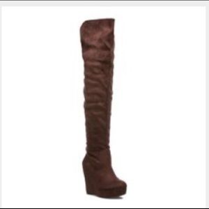 Never worn thigh high chocolate suede wedge boots