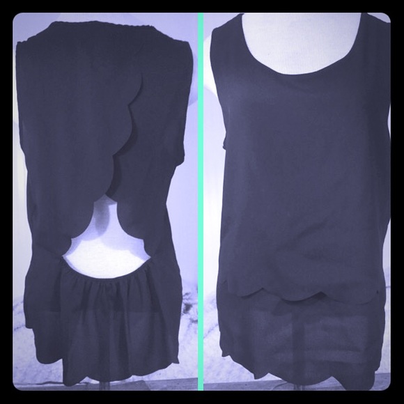 Open back black top with scalloped edge